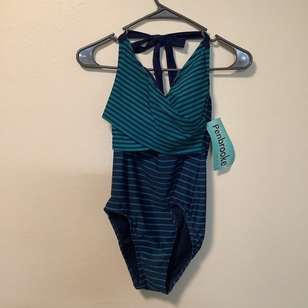 Penbrooke Swimsuits Teal Navy Stripe Halter One Piece Swimsuit M